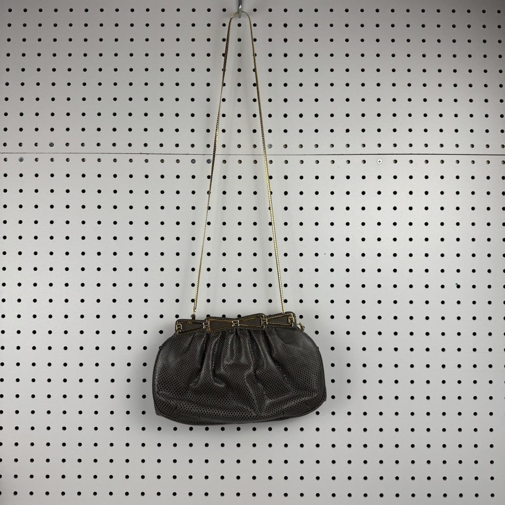 Vtg Ashneil 80s Gray Reptile Embossed Chain Shoulder Bag Purse Hong Kong - Picture 2 of 13